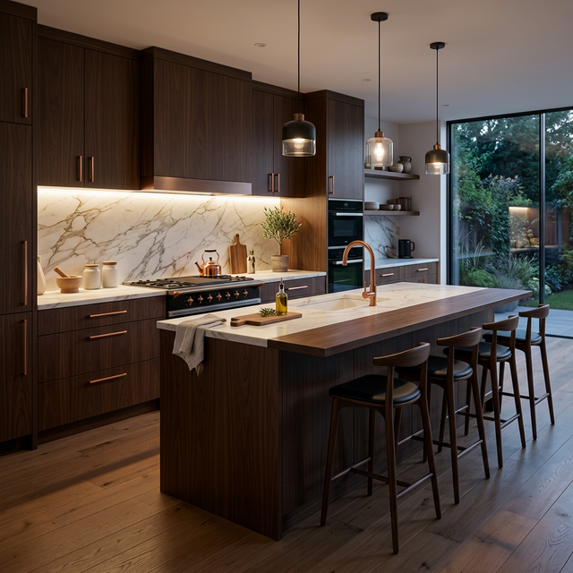 مطبخ خشبي داكن مع إضاءة عصرية