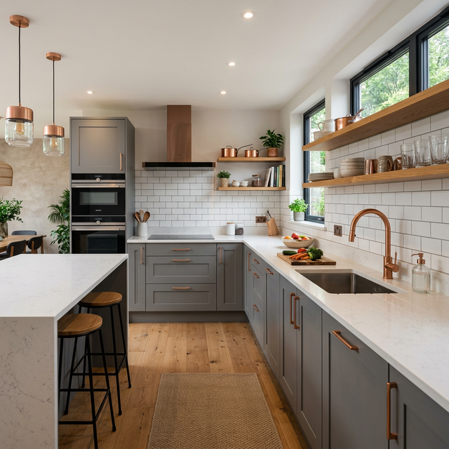 مطبخ رمادي مع رفوف خشبية