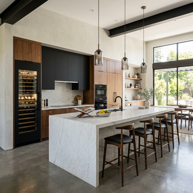 مطبخ مفتوح فاخر بجزيرة كبيرة